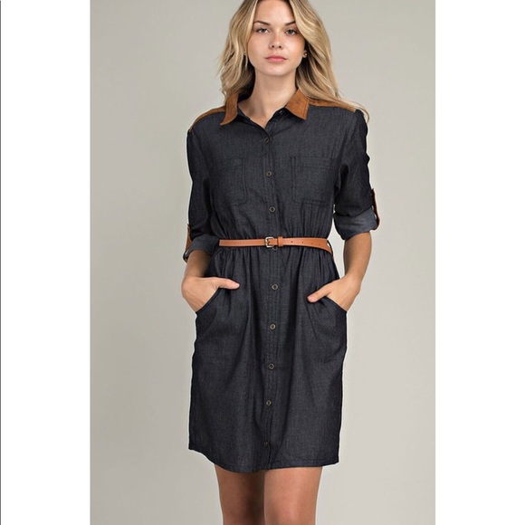 Belted Chambray Dress with Suede Contrast - Picture 2 of 6